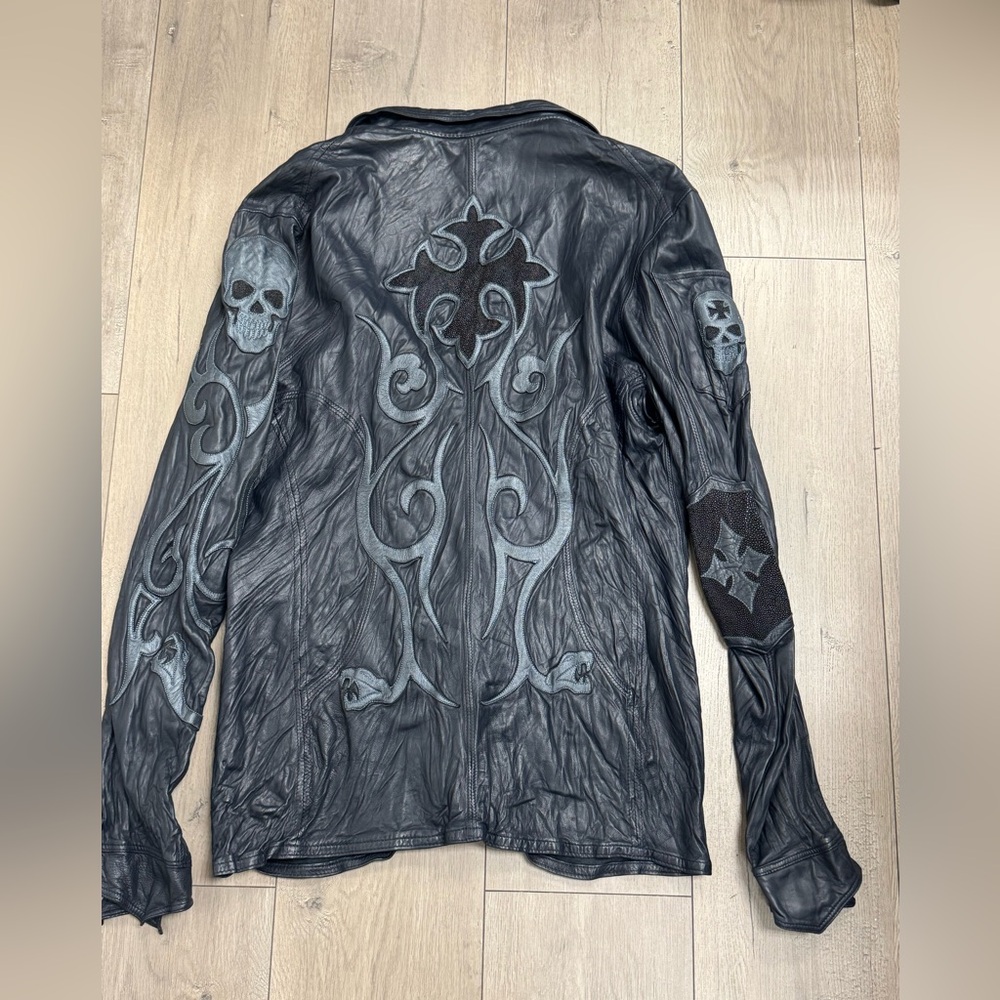 Logan Riese Vintage Leather Jacket with Singray Skull Design Chrome Hearts Era
